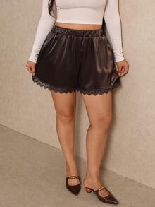 Elaquor Plus Size Women's Solid Color Elastic Waist Pocket Contrast Lace Shorts Elegant Daily Going Out Shorts Women Fall/Winter Casual Vacation Brown Shorts - Brown - View 5
