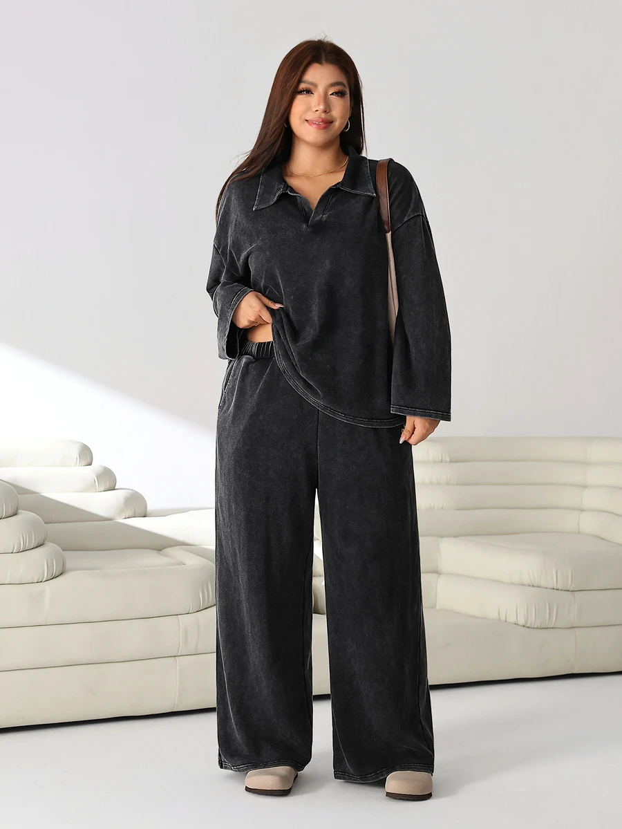 Solflare Plus Size Women's Autumn/Winter Distressed Drop Shoulder Long Sleeve T-Shirt And Wide Leg Pants Casual 2 Pieces Set - Black - View 1