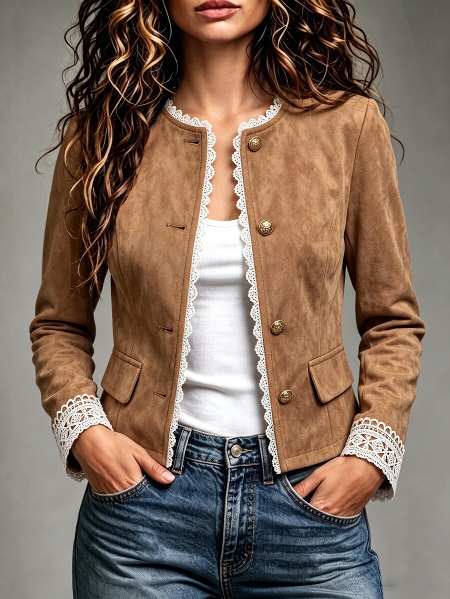 Louniche Women's Contrast Lace Metal Single-Breasted Fashion Jacket - Khaki - View 1