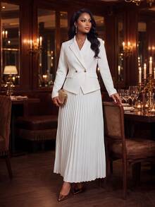 Fleurora Plus Size Women Solid Color Lapel Neck Long Sleeve Blazer And Pleated Skirt Elegant 2 Pieces Set - Multicolor - View 4