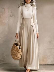 Holdful Holdful Women's Corduroy Button Design Wide Leg Overalls - Beige - View 5