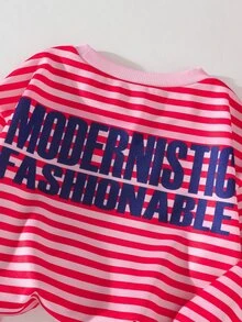 SHEIN 女童圓領粉色條紋正反面字母印花抓絨內裡衛衣 T-shirt - 彩色 - 查看 5