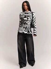 SHEIN BAE Women's Zebra Print Frog Button Design Casual Regular Fit Jacket - Black and White - View 3