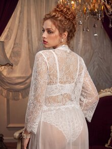 PinupPomp Plus Size Women's Contrast Lace 3/4 Sleeve Elegant Nightgown - White - View 7