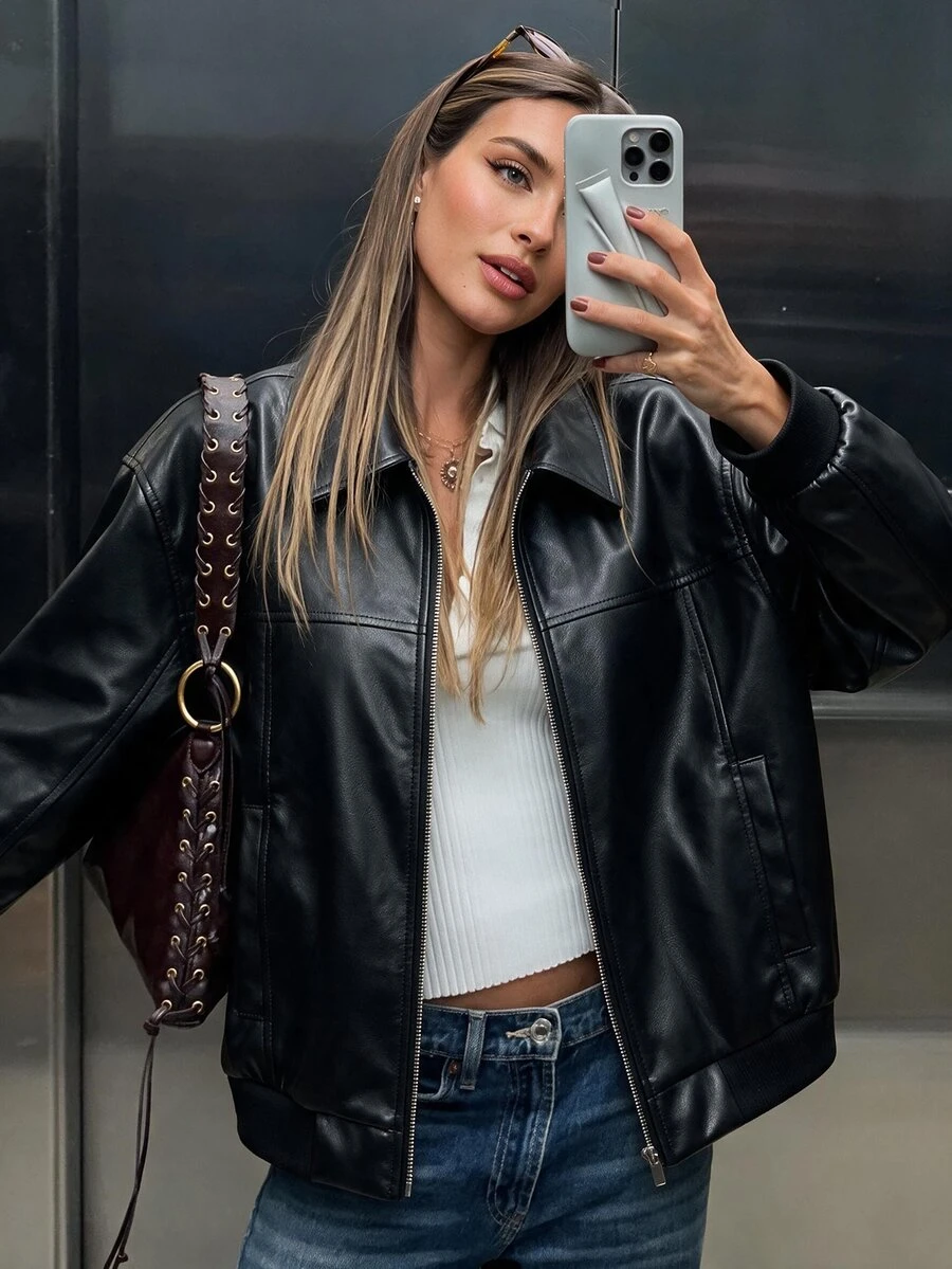Avenya Minimalist Style Lapel Split Zipper Slightly Loose Textured Leather Jacket - Black - View 1