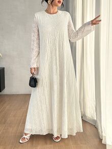 Yasmyna Solid Color Soft Style 3D Jacquard Long Sleeve Robe, Round Neck Loose Fit Full Skirt - Beige - View 6