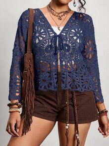 Freevana Plus Size Women's Front Tie Vacation Knit Hollow Out Cardigan - Navy Blue - View 4