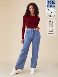 SHEIN BASICS 女款純色圓領長袖休閒連身衣T恤 - 酒紅色 - 查看 4