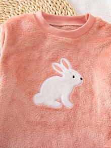 SHEIN Genkimix Kids 2件組女童幼兒圓領可愛卡通兔子與粉白格紋長袖上衣＋長褲舒適抓絨秋冬睡衣居家服 - 淺粉色 - 查看 3