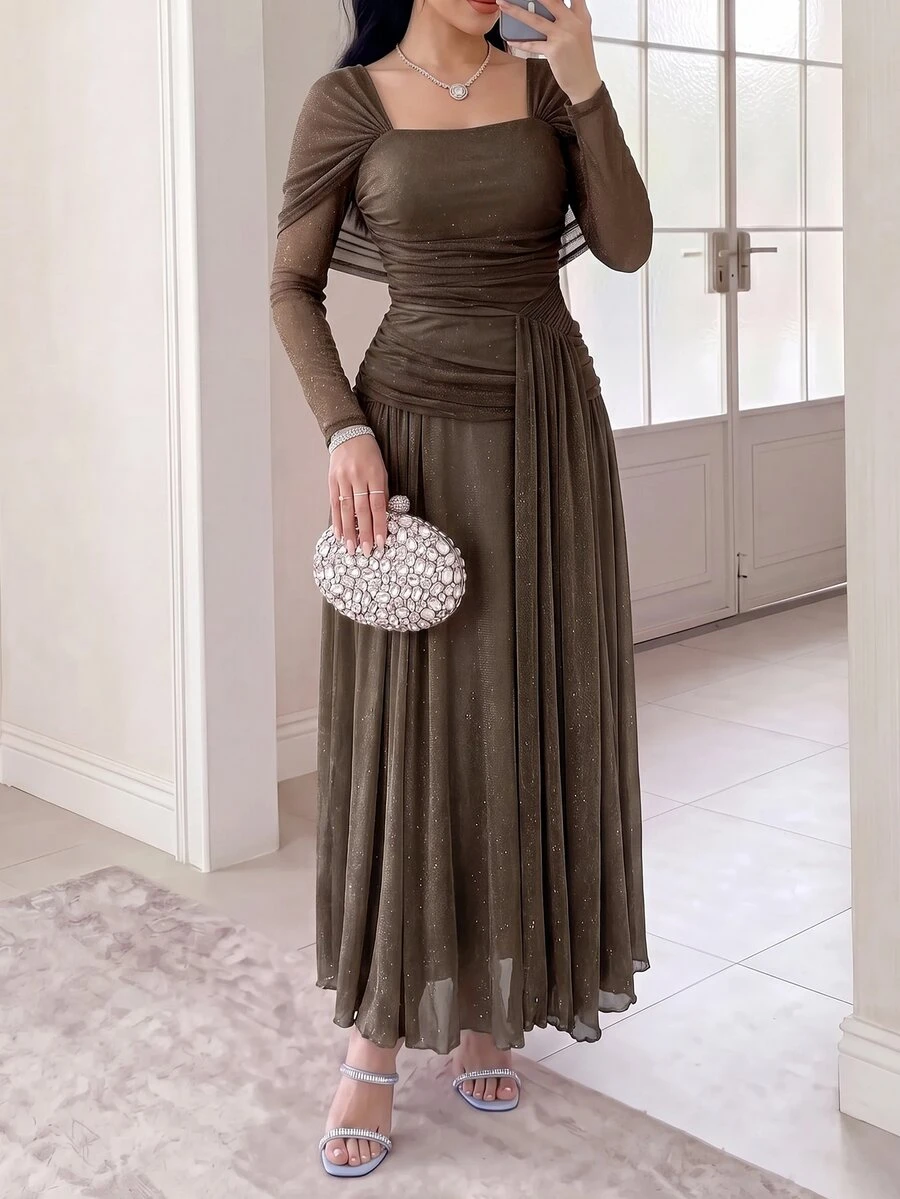 Feyla Women's Solid Color Square Neck Pleated Elegant Shiny Midi Dress - Dark Green - View 1