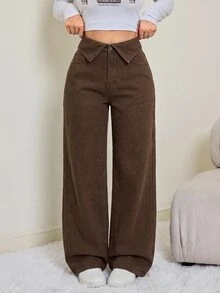 SHEIN Tall 女款折腰寬腿寬鬆休閒牛仔褲，適合女性教師穿搭 - 棕色 - 查看 4