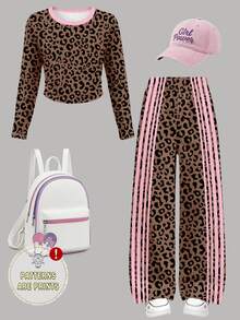 Girls Fashion Minimalist Striped Patchwork Gray & White Leopard Print Pattern Basic Ruched Waist Long Sleeve T-Shirt & Gray & White Leopard Striped Wide Leg Pants Set - Multicolor - View 3