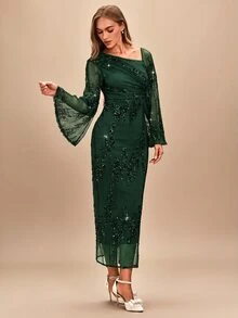 Amorya Women's Solid Color Sequin Asymmetric Neckline Mesh Flare Sleeve Elegant Long Dress - Dark Green - View 5