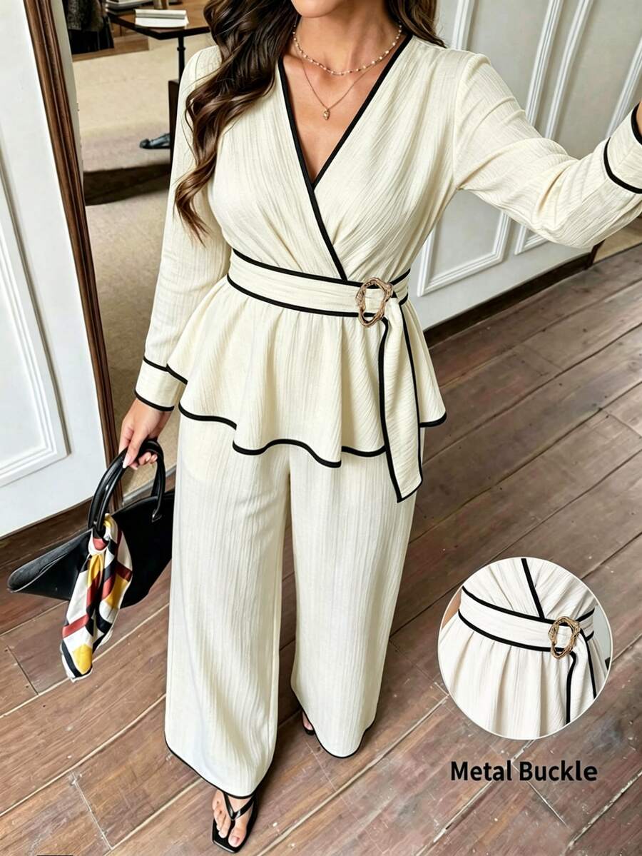 SHEIN Elenzya Plus Size Women's Beige & White Contrast Trim V-Neck Long Sleeve Top And Pants Set - Apricot - View 1