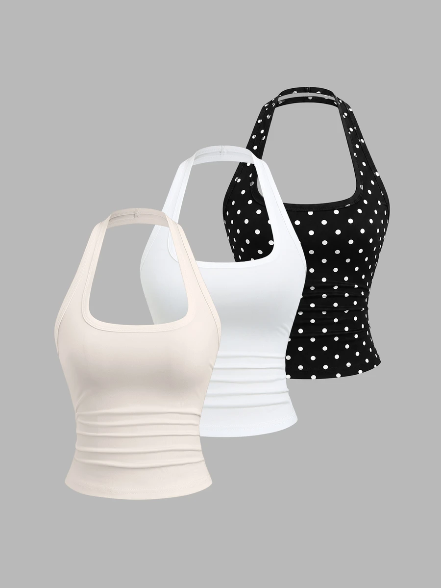 Sweetra Sommerliche französische Mode Punkt & Weiß, blassgelbes rückenfreies tailliertes sexy lässiges vielseitiges Damen-Neckholder-Tank Top 3 Stücke Set - Verschiedenfarbig - Übersicht 1