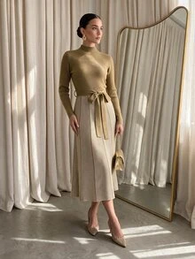 Modelyn فستان صوفي نسائي فاخر بتصميم مرقع مع ربطة خصر وأكمام طويلة، خريف/شتاء - بني فاتح - مشاهدة 4