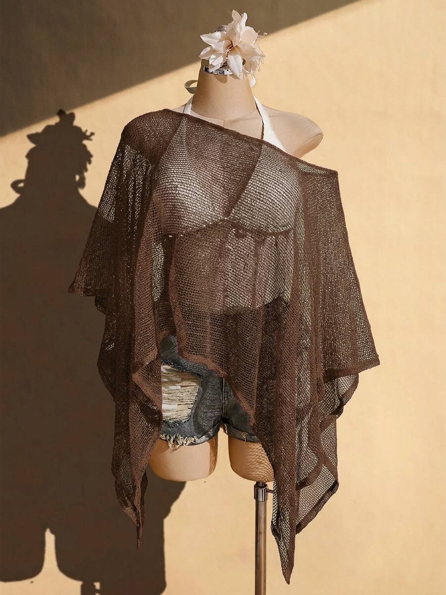 SHEIN ICON 女款大尺碼春夏杏色鏤空網紗上衣 - 摩卡棕 - 查看 1