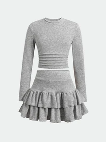 SHEIN Serisse Kids Tween Girl Tween Girls T-Shirt Co-Ords Spring/Autumn New Cute Casual Gray Floral Skirt Set: Long Sleeve Crop Top And Layered Ruffle Pleated Mini Skirt, Summer, Autumn/Winter Layering - Grey - View 4