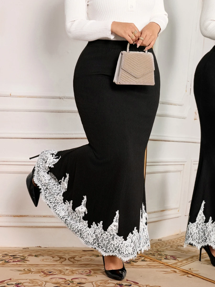 Modelyn Plus Size Women's Elegant Contrast Lace Long Skirt, A-Line Skirt, Suitable For Spring/Autumn Daily Wear And Dating - Black - View 1