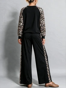 Louniche Women's 2 Pieces Set With Leopard Print Raglan Long Sleeve V-Neck Top And Elastic Waist Straight Leg Wide Leg Pants, Colorblock Patchwork Loose Fit Flattering Casual Home Outing Commute Outfit - Black - View 2