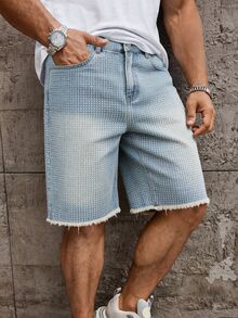 Manfinity Homme 男士淺藍色年輕休閒刺繡毛邊牛仔短褲 - 淺色水洗藍 - 查看 4