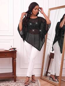 SHEIN Lady Women's Sequin Fashion Asymmetrical Hem Knit Top - Black - View 4