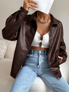 SHEIN EZwear 秋冬款落肩拉鍊PU短版皮夾克 - 巧克力棕 - 查看 5