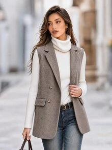 Editum Women's Herringbone Double-Breasted Sleeveless Blazer Fall Winter - Khaki - View 5