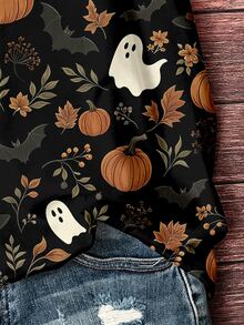 Mellowie Halloween Pumpkin Ghost Bat Print Plus Size Black V-Neck Lace Cami And Tank Top - Multicolor - View 5