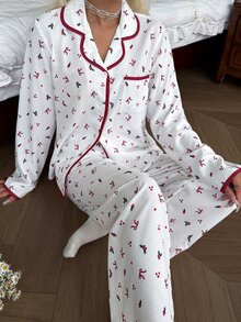 Napfluff Contrast Trim Lapel Ditsy Floral Long Sleeve Long Pants Women's Pajama Set - Apricot - View 1