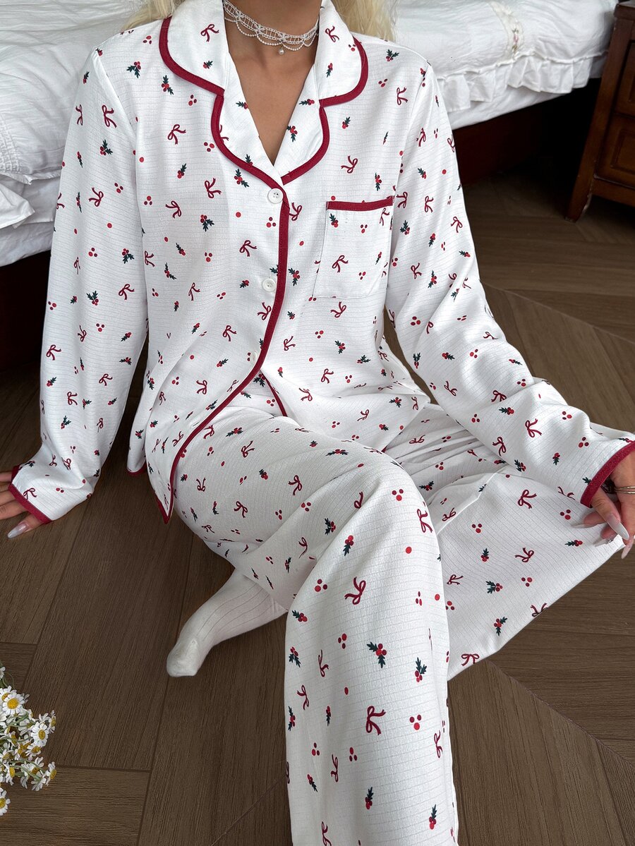 Napfluff Contrast Trim Lapel Ditsy Floral Long Sleeve Long Pants Women's Pajama Set - Apricot - View 1