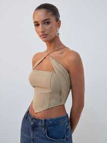 Hauture Women's Solid Color Asymmetrical Hem Criss-Cross Design Halter Tank Top - Khaki - View 3