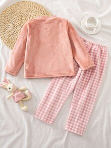 SHEIN Genkimix Kids 2件組女童幼兒圓領可愛卡通兔子與粉白格紋長袖上衣＋長褲舒適抓絨秋冬睡衣居家服 - 淺粉色 - 查看 2
