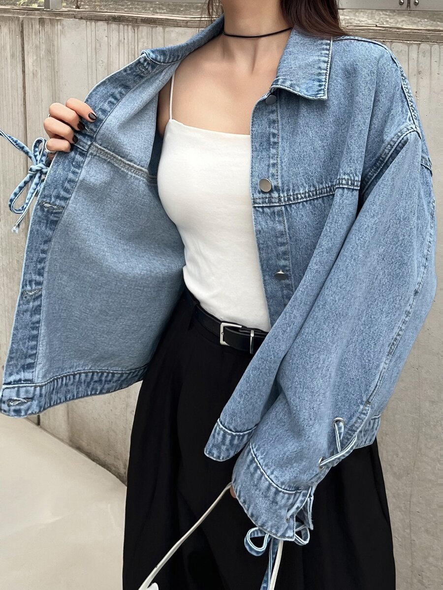FRIFUL 女款單排扣休閒日常牛仔夾克 - 藍色 - 查看 1