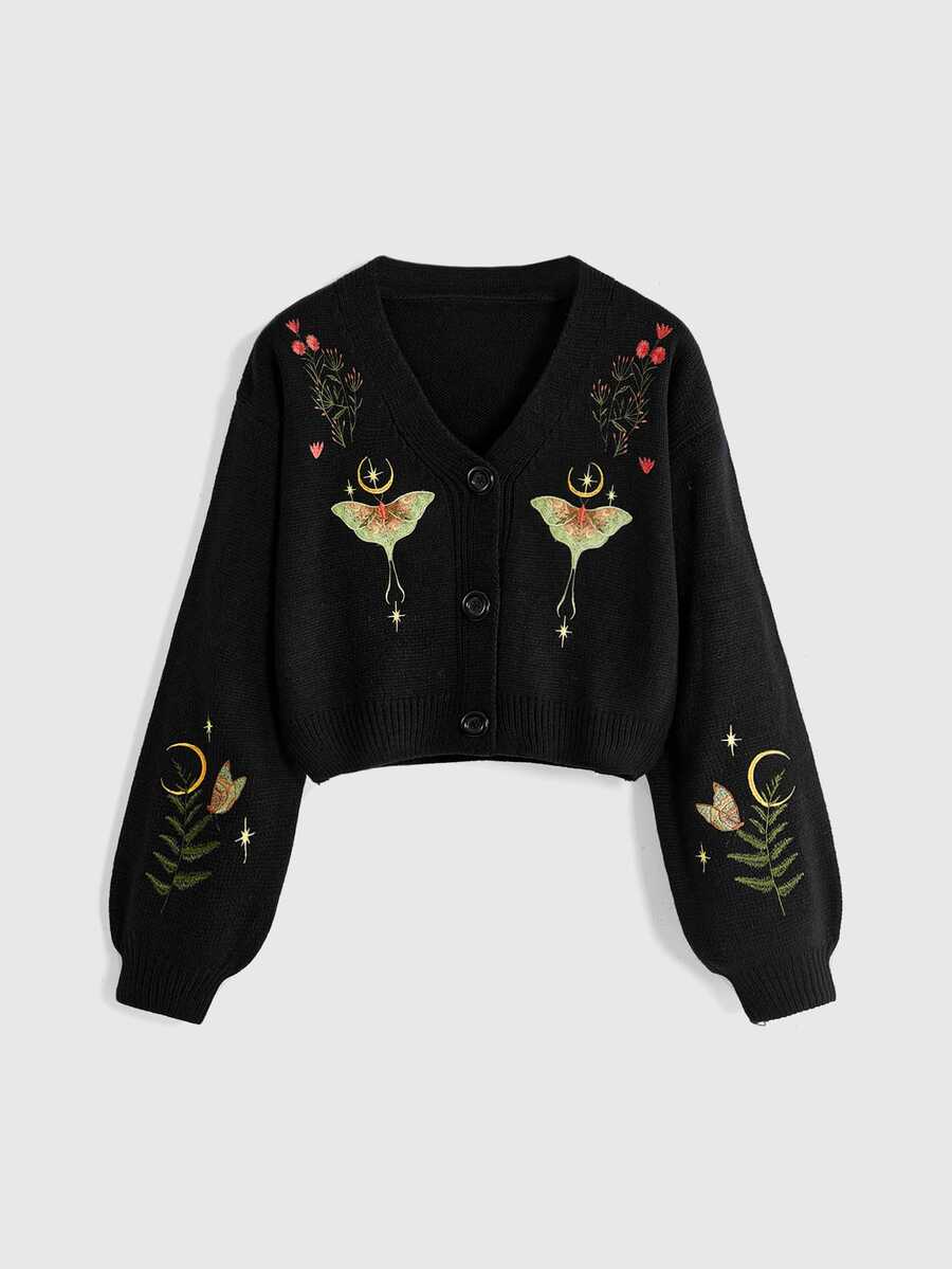 ROMWE Goth 女款田園波西米亞風刺繡針織開襟衫 - 黑色 - 查看 1