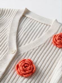Flora Isola Flora Isola Cute 3D Rose Floral Knit Cardigan, Women V Neck Long Sleeve Button Down Loose Chunky Sweater - Apricot - View 6
