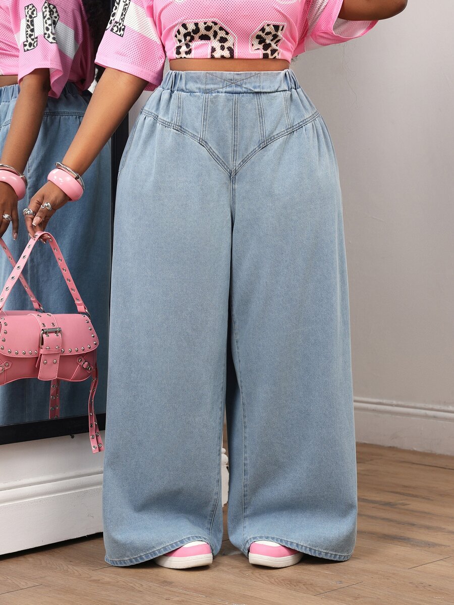 Slaydiva Plus Size Women's High Waist Loose Casual Versatile Denim Wide Leg Pants - Black - View 1