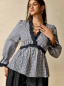 Nubod Plus Size Women's Contrast Lace Plaid V-Neck Elegant Blouse - Navy Blue - View 3