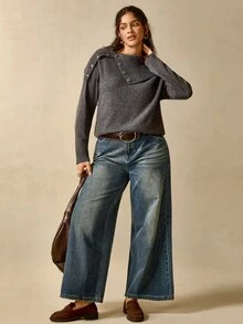 Nubod Plus Size Women's Asymmetrical Collar Button Pullover Knit Sweater - Dark Grey - View 5