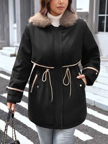 Comfylo Plus Size Women's Long Sleeve Zip-Up Hooded Jacket With Drawstring Waist - Black - View 5