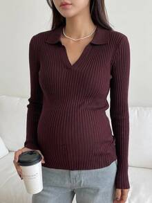 DAZY Solid Color Slim Fit Collared Long Sleeve Ribbed Stretch Elegant Casual Vacation Korean Style Spring Autumn Knit Sweater Maternity Winter - Burgundy - View 6