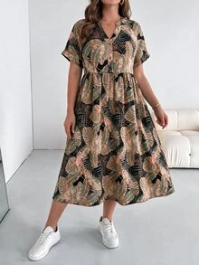 Shapeblank Plus Size Button Half-Placket Tropical Plant Print Pocket Dress - Black - View 4