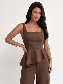 Firerie Bộ đồ denim nữ gồm áo sát nách cổ vuông gấu bèo nhún và quần dài - màu nâu - Xem 8