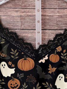Mellowie Halloween Pumpkin Ghost Bat Print Plus Size Black V-Neck Lace Cami And Tank Top - Multicolor - View 3