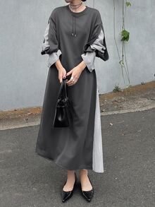 FRIFUL Women's Autumn Patchwork Striped Bell Sleeve Straight Long Dress - Grey - View 5