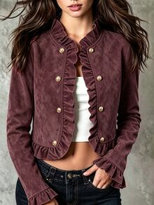 SHEIN Maillard Faux Suede Ruffle Collar Double-Breasted Metal Button Long Sleeve Jacket For Daily Wear And Dates - Burgundy - View 1