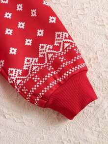 SHEIN Tween Girls Christmas Reindeer Fair Isle Pattern Printed Thick Crew Neck Loose Thermal Lined Long Sleeve Sweatshirt Family Matching - Red and White - View 5