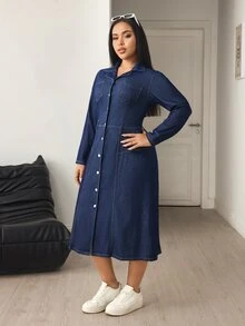 Flexra Plus Size Women's Casual Elegant Stretch Denim Dress - Dark Wash - View 4