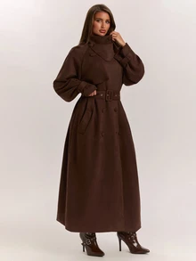 SHEIN BAE معطف ترنش كاجوال نسائي بلون سادة وأكمام راجلان طويلة وأزرار مزدوجة - بني - مشاهدة 1