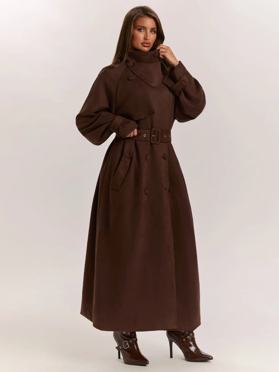 SHEIN BAE معطف ترنش كاجوال نسائي بلون سادة وأكمام راجلان طويلة وأزرار مزدوجة - بني - مشاهدة 1